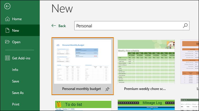 Choose Personal monthly budget template