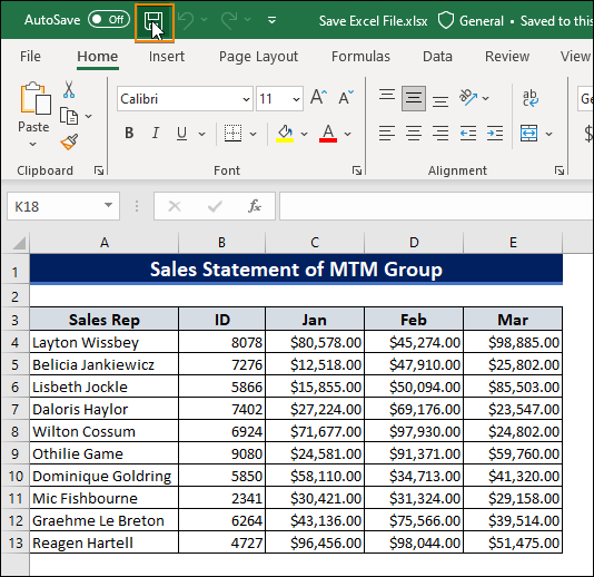 Using the Quick Access Toolbar feature to save an Excel file