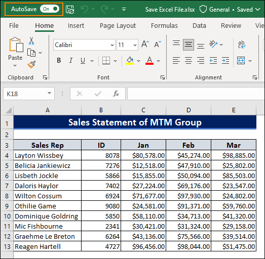 Turn on the AutoSave option to save Excel file to Onedrive