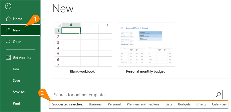 Select any template option to create a new workbook
