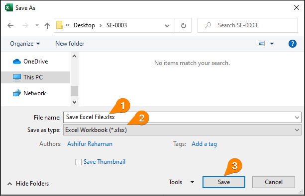 Select the desired location to save the Excel file