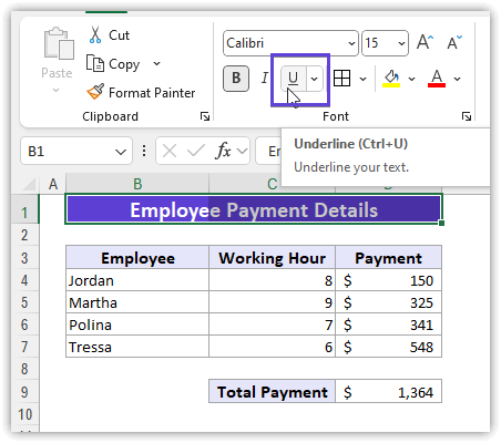 Select Single Underline Command in Excel