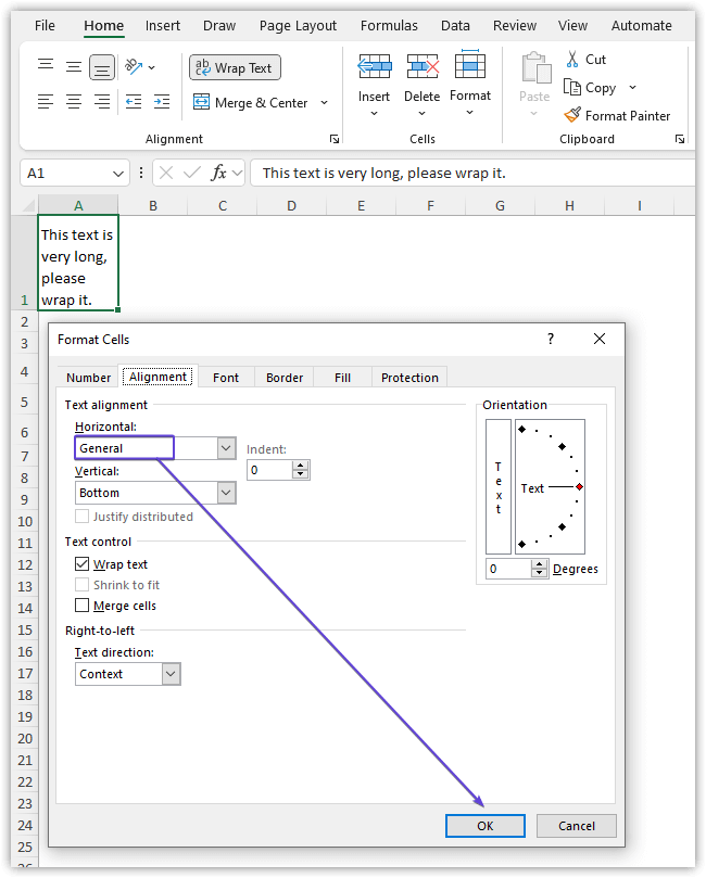 Horizontal General Alignment in Excel