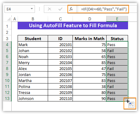 Applying AutoFill feature to fill the formula in Excel