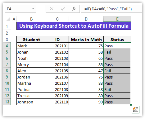 Using Keyboard Shortcut to AutoFill formula