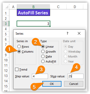 Inserting step and stop value