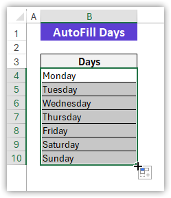 Using AutoFill feature to Fill Days in Excel