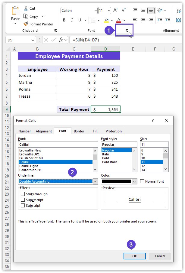 Selecting Double Accounting from Format Cells Dialog Box