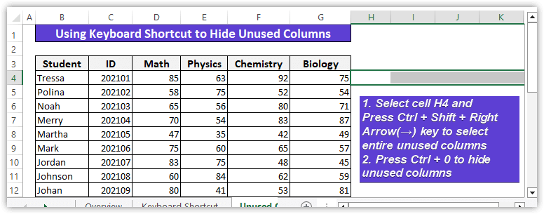 Select entire unused columns