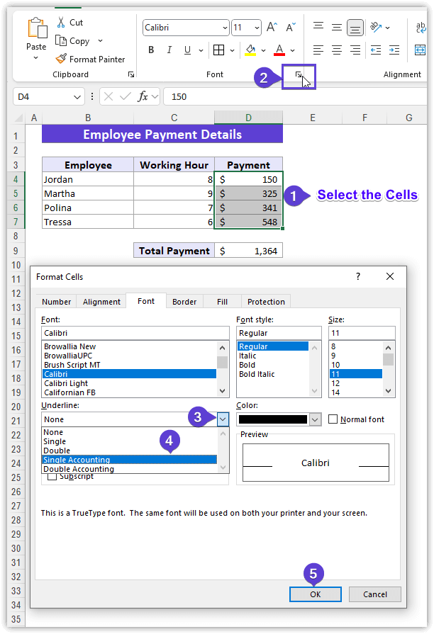 Selecting Single Accounting from Format Cells Dialog Box