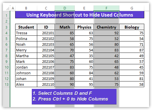 Select columns to hide