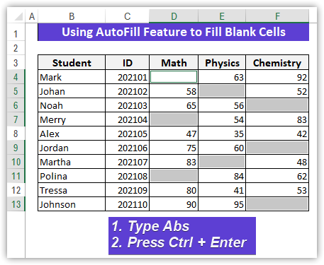 Type any text or number to AutoFill the Blank cells