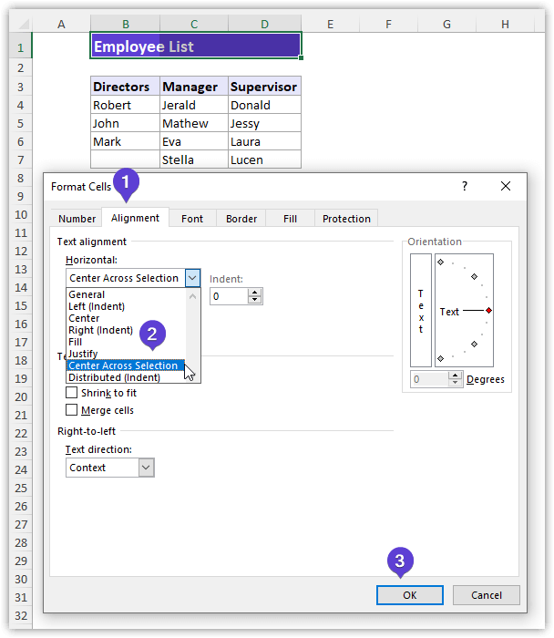 Center Across Selection Using Alignment Tab from Format Cells Dialog Box