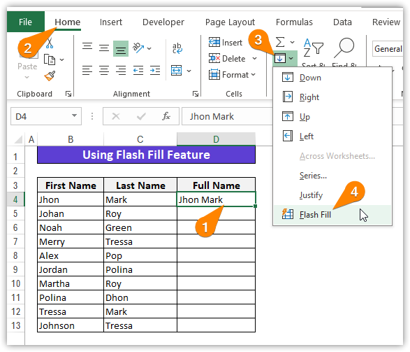 Using Flash Fill Feature