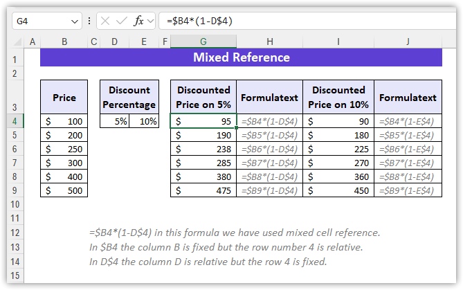 Summary Mixed Cell Reference in Excel