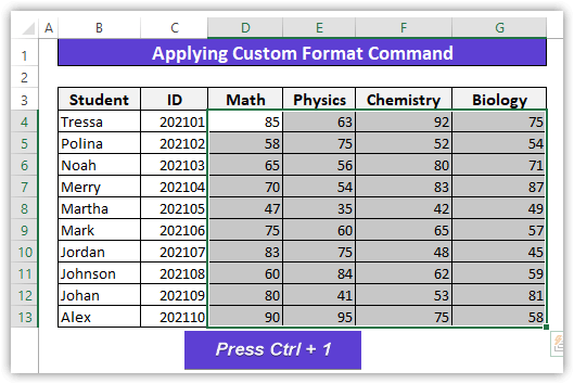 Selection of the data table