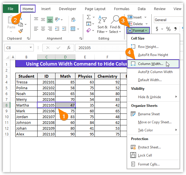 Selection of the Column Width command