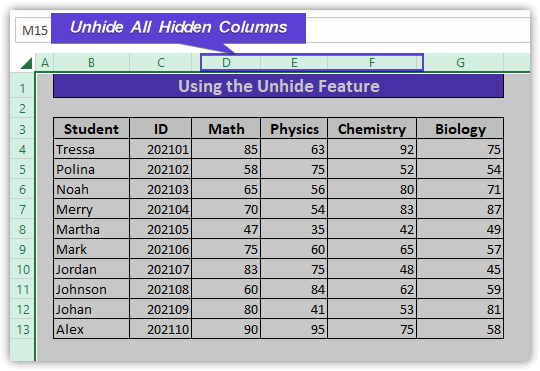 Unhide All Hidden Columns