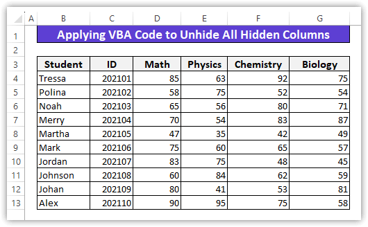 Applying VBA code to unhide all hidden columns