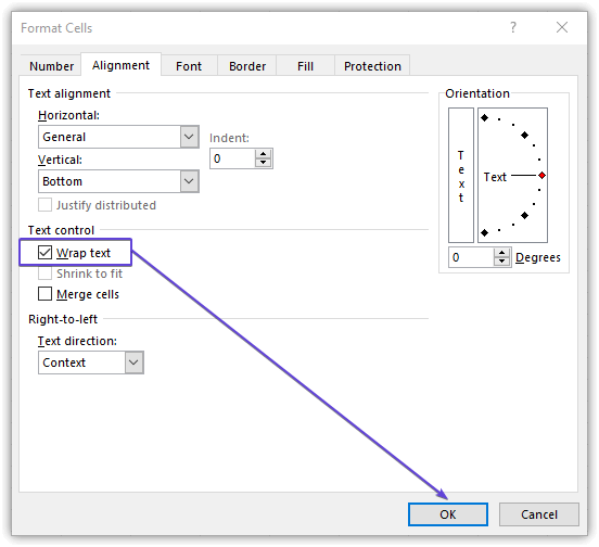 Format Cells box to wrap text