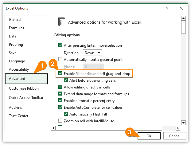 Check the Enable fill handle and cell drag-and-drop option