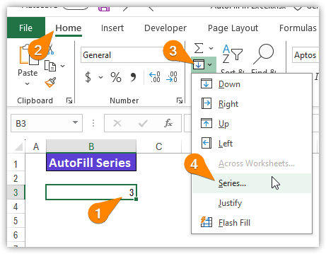 Choose the Series command to AutoFill a series