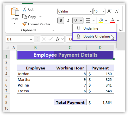 Select Double Underline Command in Excel