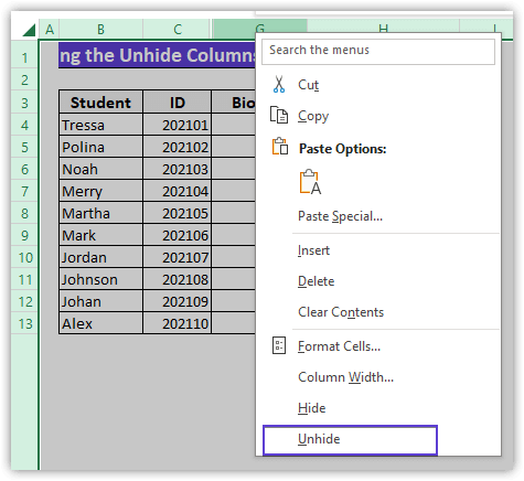 Selection of the Unhide command to unhide all hidden columns