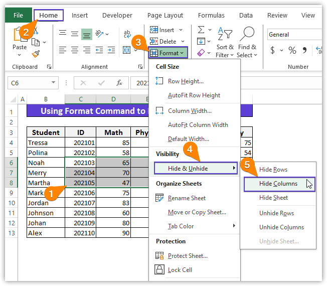 Selection of the Hide Columns feature to hide multiple columns