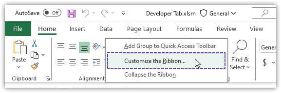 Selection of the Customize the Ribbon option