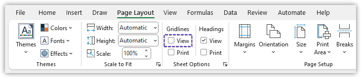 Page Layout Hide Gridlines