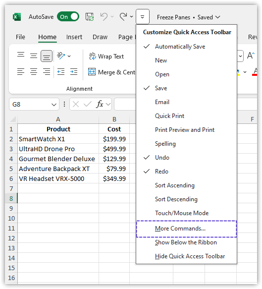 Customize Quick Access Toolbar in Excel