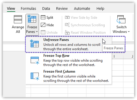 Unfreeze Panes in Excel