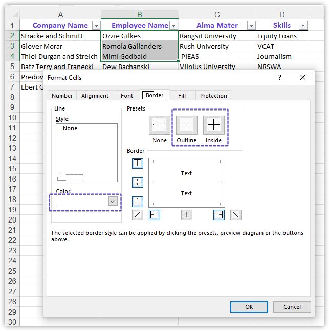 Border Color Format Cells