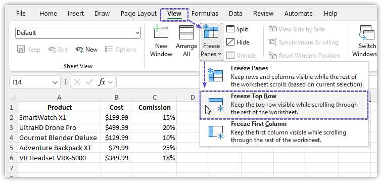 Freeze Top Row