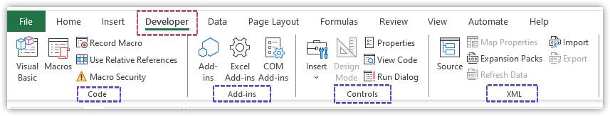 The groups of the Developer tab