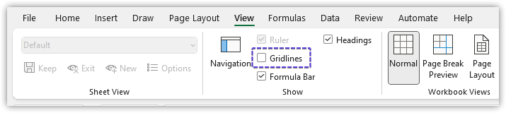 View tab Hide Gridlines Excel