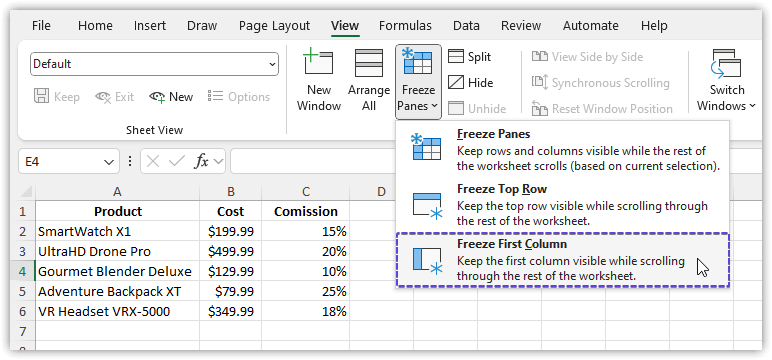 Freeze First Column